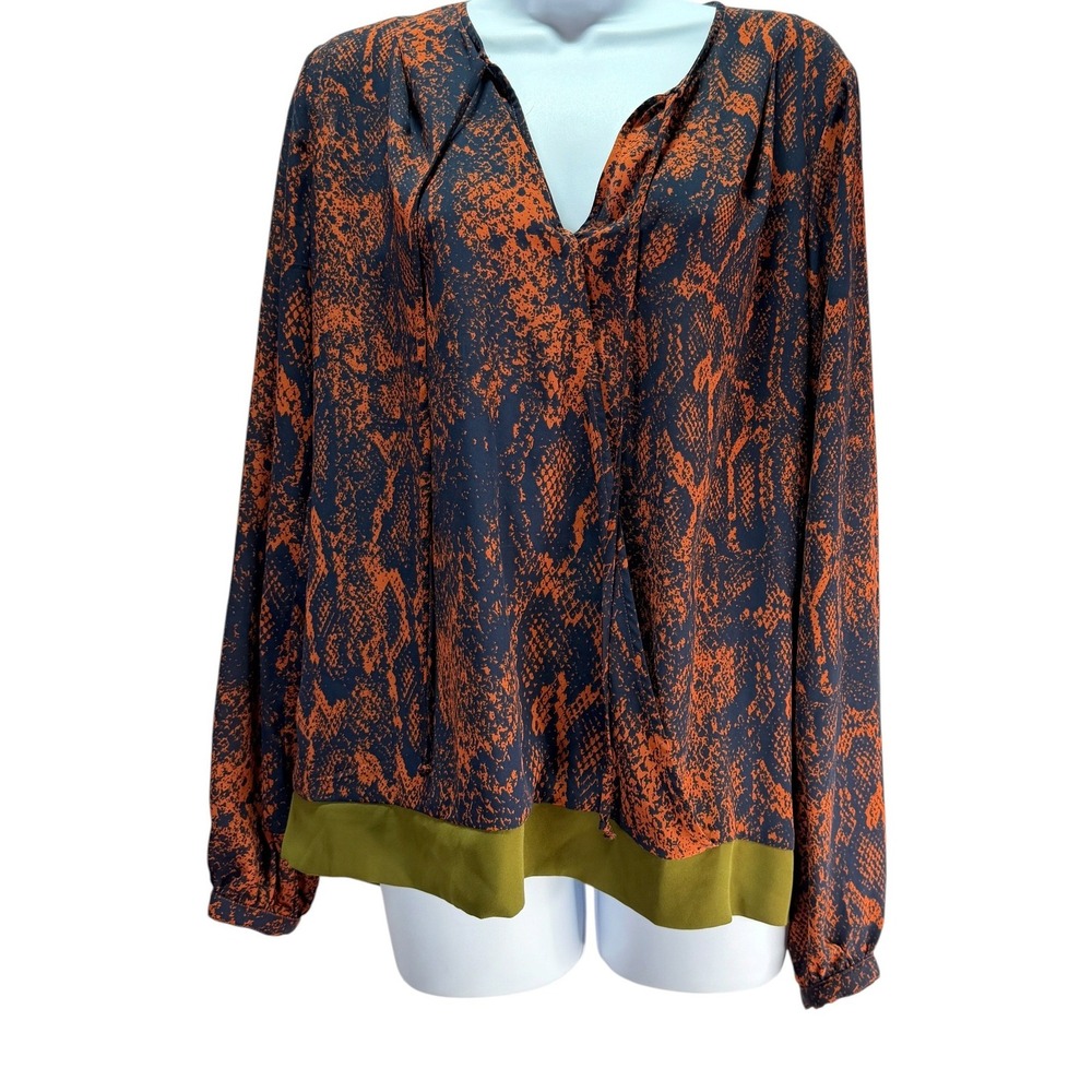 CAbi Python Wrap Blouse Womens M Orange Blue Faux Wrap Boho Work V-Neck Tie Top